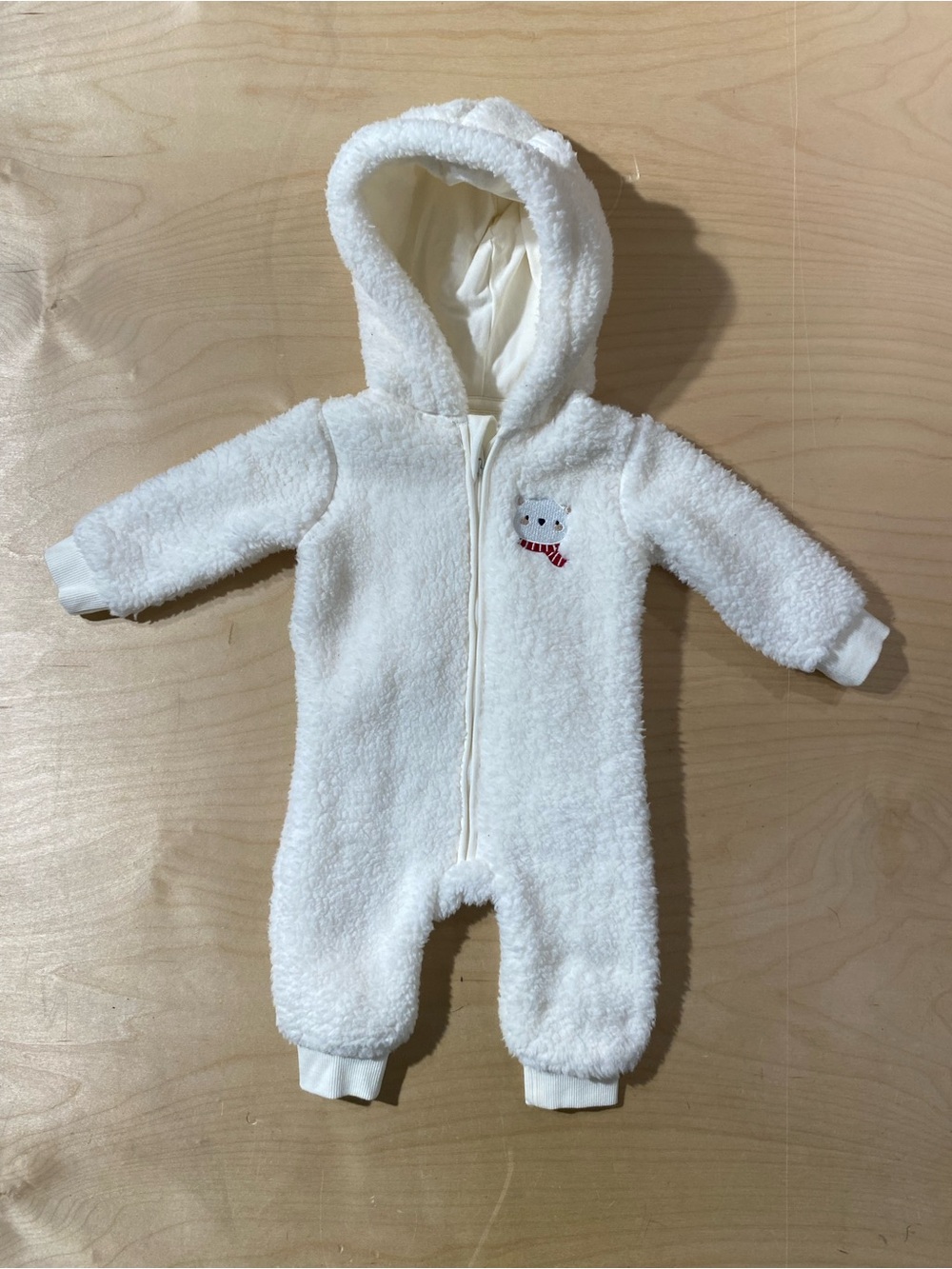 Petit Lem Cream Plush Hooded Baby One-Piece with Bear Patch 3 Month (U)
